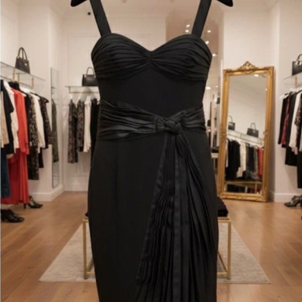 6267 Italian Black Cocktail Dress, Size 42 (US 6), Silk/Wool Pleated Detail